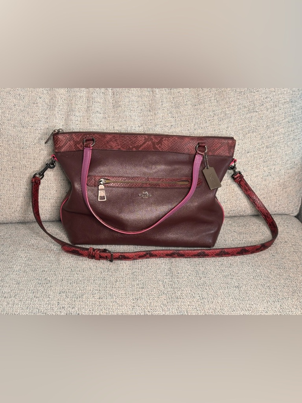 Coach Tyler Leather Tote Burgundy w/Purple/Snake Details, Crossbody Strap - Picture 2 of 16